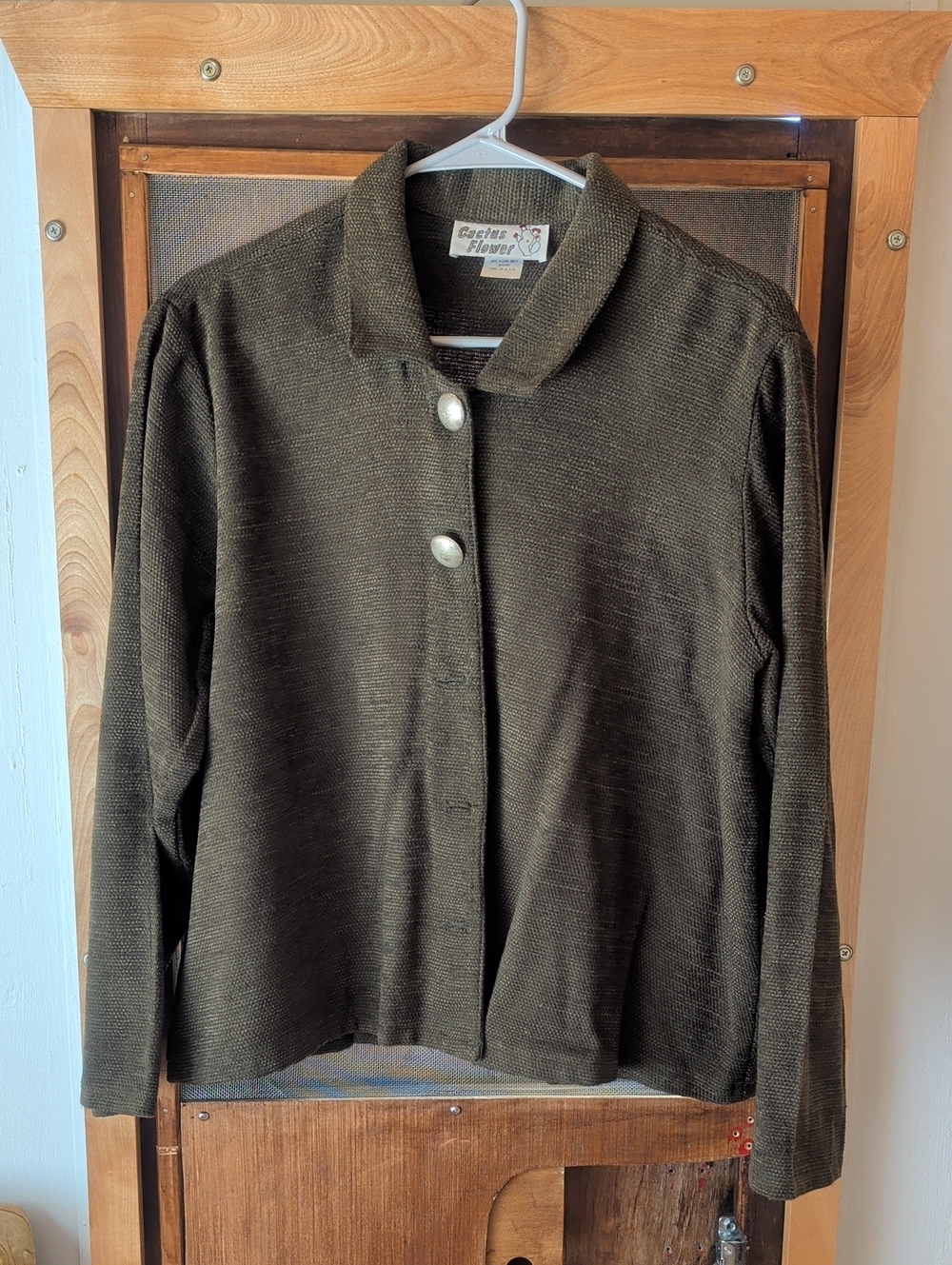 Vintage Cactus Flower Olive Green Button-Front Women's Jacket